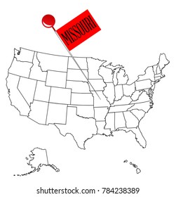 An outline map of USA with a knob pin in the state of Missouri