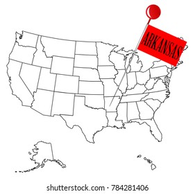 An outline map of USA with a knob pin in the state of Arkansas