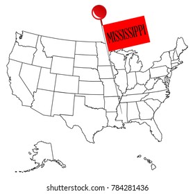An outline map of USA with a knob pin in the state of Mississippi
