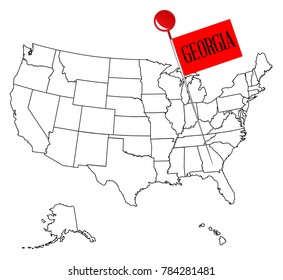 An outline map of USA with a knob pin in the state of Georgia