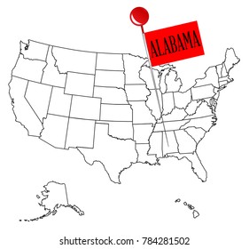 An outline map of USA with a knob pin in the state of Alabama
