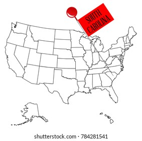 An outline map of USA with a knob pin in the state of South Carolina
