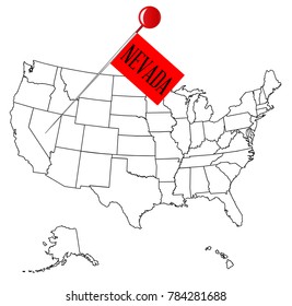 An outline map of USA with a knob pin in the state of Nevada