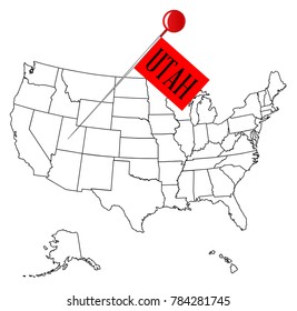 An outline map of USA with a knob pin in the state of Utah
