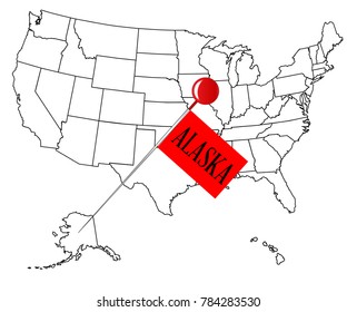 An outline map of USA with a knob pin in the state of Alaska

