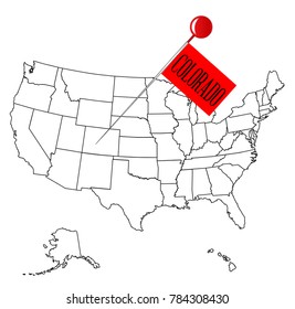 An outline map of USA with a knob pin in the state of Colorado
