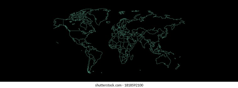 Outline map of the world in blue on a black background.
