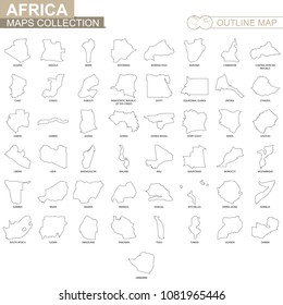 Outline maps of African countries collection, black lined vector map.