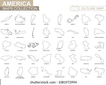 Outline maps of American countries collection, black lined vector map.