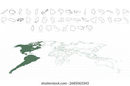 Outline Maps of American Countries with a Highlighted America World Map. Vector illustration.