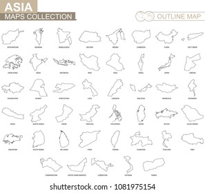 Outline maps of Asian countries collection, black lined vector map.