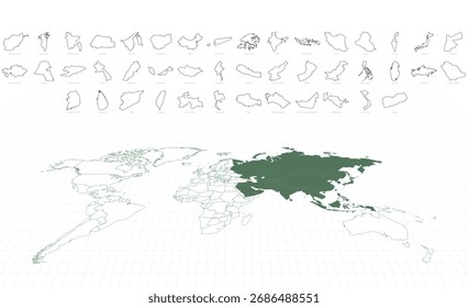 Mapas esquemáticos de países asiáticos con un mapa mundial de Asia resaltado. Ilustración vectorial.