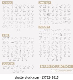 Outline maps collection, black lined vector map. 