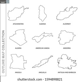 Outline maps collection, nine black lined vector map of Afghanistan, Albania, Alderney, Algeria, American Samoa, Andorra, Angola, Anguilla, Antigua and Barbuda