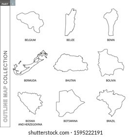Outline maps collection, nine black lined vector map of Belgium, Belize, Benin, Bermuda, Bhutan, Bolivia, Bosnia and Herzegovina, Botswana, Brazil