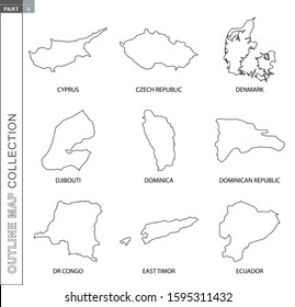 Outline maps collection, nine black lined vector map of Cyprus, Czech Republic, Denmark, Djibouti, Dominica, Dominican Republic, DR Congo, East Timor, Ecuador