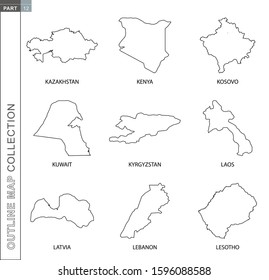 Outline maps collection, nine black lined vector map of Kazakhstan, Kenya, Kosovo, Kuwait, Kyrgyzstan, Laos, Latvia, Lebanon, Lesotho