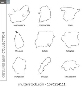 Outline maps collection, nine black lined vector map of South Africa, South Korea, Spain, Sri Lanka, Sudan, Suriname, Swaziland, Sweden, Switzerland