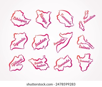 Mapas esquemáticos de Etiopía, Kenia, Tanzania, Zanzíbar, Uganda, Sudán, Somalia, Eritrea, Yibuti, Sudán del Sur, Ruanda, Burundi con gradiente naranja-púrpura.