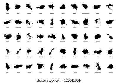 Outline maps of European countries. All the countries of Europe. Isolated vector illustration.