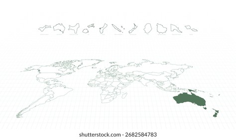 Übersichtskarten der ozeanischen Länder mit einer hervorgehobenen Weltkarte von Ozeanien. Vektorgrafik.