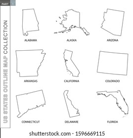 Outline maps of US states collection, nine black lined vector map of Alabama, Alaska, Arizona, Arkansas, California, Colorado, Connecticut, Delaware, Florida