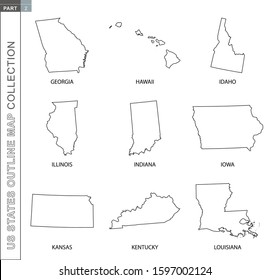 Outline maps of US states collection, nine black lined vector map of Georgia, Hawaii, Idaho, Illinois, Indiana, Iowa, Kansas, Kentucky, Louisiana