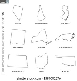 Outline maps of US states collection, nine black lined vector map of Nevada, New Hampshire, New Jersey, New Mexico, New York, North Carolina, North Dakota, Ohio, Oklahoma