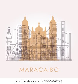 Outline Maracaibo skyline with landmarks. Vector illustration. Business travel and tourism concept with historic buildings. Image for presentation, banner, placard and web site.