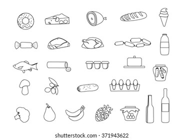 Outline market food icons set. Linear food sign. Different  supermarket  icons set.