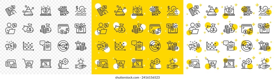 Outline Market, Loyalty program and Targeting line icons pack for web with Check investment, Wallet, Cashback card line icon. Coins bag, Pyramid chart, Travel loan pictogram icon. Vector