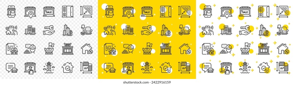 Outline Market sale, Packing things and House security line icons pack for web with Lighthouse, Market location, Floor plan line icon. Lease contract, Buildings, Lounge place pictogram icon. Vector