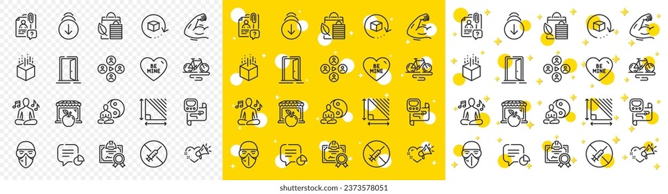 Outline Market, Strong arm and Open door line icons pack for web with Yoga, Be mine, Augmented reality line icon. Statistic, Yoga music, Return package pictogram icon. Certificate. Vector