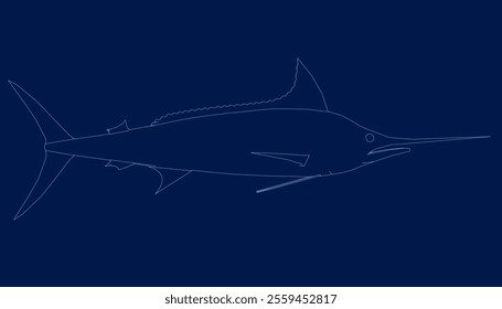 Outline marlin fish isolated on blue. Side view. Vector illustration
