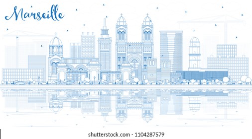 Outline Marseille France City Skyline with Blue Buildings and Reflections. Vector Illustration. Business Travel and Tourism Concept with Historic Architecture. Marseille Cityscape with Landmarks.