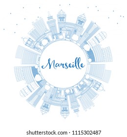 Outline Marseille France City Skyline with Blue Buildings and Copy Space. Vector Illustration. Business Travel and Tourism Concept with Historic Architecture. Marseille Cityscape with Landmarks.