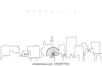 Contorno del horizonte de Marsella. Plantilla de moda con edificios y Lugares famosos de estilo de Marsella. Diseño de Vector estándar. 