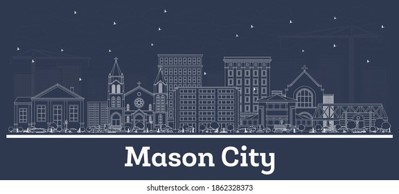 Contorno el horizonte de Mason City Iowa con edificios blancos. Ilustración vectorial. Concepto de viajes de negocios y turismo con arquitectura histórica. El paisaje urbano de Mason con monumentos.