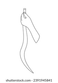 Outline master hand holding overhead curl for hair extensions. Icon of long wavy artificial strand for professional hairstyle. Line illustration of salon beauty procedure by hairdresser