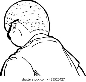Outline of mature man in sunglasses from rear view looking downward