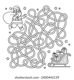 Outline maze educational game for children. Labyrinth puzzle. Help Santa Claus running with a bag find way to Christmas sleigh with gifts. New Year activity book for preschool education kids. Vector.