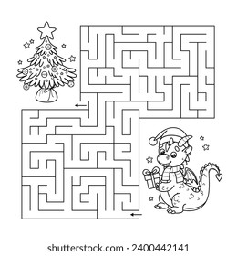 Outline maze educational game for children. Labyrinth puzzle. Help New Year Dragon with a gift in his paws and in hat of Santa find way to Christmas tree. Winter holiday activity book for kids. Vector