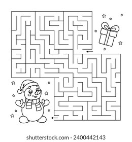 Outline maze educational game for children. Labyrinth puzzle. Help holiday snowman in hat of Santa find way to Christmas gift. New Year activity book for kids. Winter Xmas deer vector illustration.