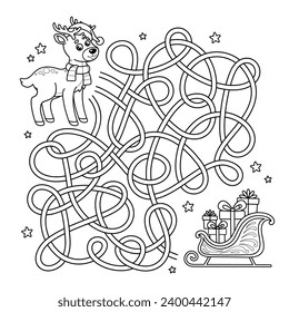 Outline maze educational game for children. Labyrinth puzzle. Help holiday reindeer find road to Christmas sleigh with gifts. New Year activity book for kids. Winter Xmas deer vector illustration.