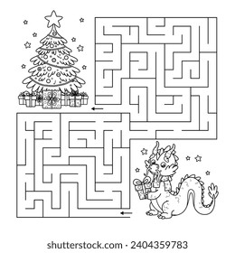 Outline maze educational game for children. Labyrinth puzzle. Help Dragon of Chinese New Year 2024 with gift in paws find road to Christmas tree. Winter holiday activity book for school kids. Vector.