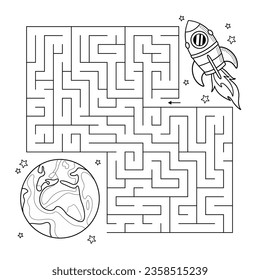 Outline maze game for children. Contour Labyrinth puzzle for kids. Help the space rocket find way to planet Earth. Task for preschool and school education. Coloring page with cartoon spaceship. Vector