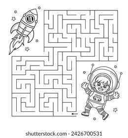 Outline maze kids game. Kids contour Labyrinth puzzle for children. Help the cartoon astronaut girl find way to the space rocket. Worksheet for school education. Vector design perfect for coloring.