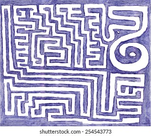 The outline of the maze, made with blue pen.