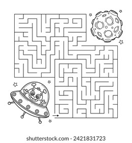 Outline maze space game for children. Contour Labyrinth puzzle for kids. Help the cartoon alien find way to Moon. Task for preschool and school education. Coloring page with extraterrestrial. Vector.