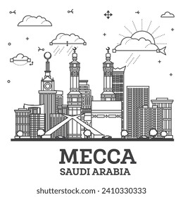 Outline Mecca Saudi Arabia city skyline with modern and historic buildings isolated on white. Vector illustration. Mecca cityscape with landmarks.
